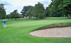 A closer view of the greenside maintenance, with my wife hitting a putt from off the green.