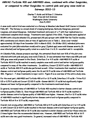 AMVAC-Turfcide 400 and AMV4820 alone, combined with other fungicides, or compared to other fungicides to control pink and gray snow mold on fairways 2012-13