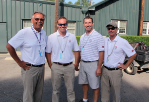 (L to R) Bob Farren, CGCS, Brian Thompson, Gary Myers, CGCS and Kevin Robinson, CGCS, outside the maintenance building on Tuesday morning of the U.S. Open. Photo by: Seth Jones