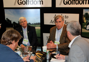 (L to R) Shawn Emerson, Matt shaffer and Walt Norley sit down at the Golfdom booth to discuss OnCourse with Seth Jones.