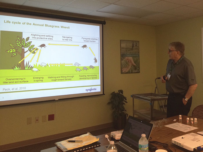 Mike Agnew, Ph.D., talks to the group about the life cycle of the ABW and how Ference insecticide suffocates them.