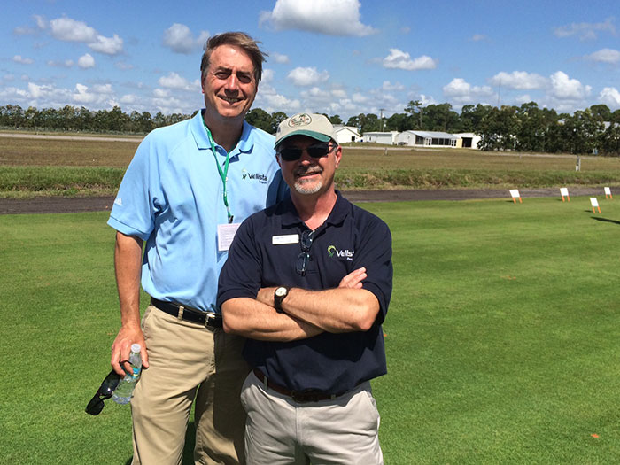 Dean Mozdell, Ph.D., technical representative, and Bryan Delp, Ph.D., biological R&D, Syngenta, take time for a photo at the Vero Beach research center.