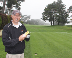 Enjoying a burger dog on the first tee of the Olympic Club. Oh, how I wish I could have one right now!