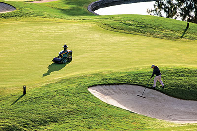 Cub Cadet’s robotic mower exchanges sound waves with beacons around a green that tell the unit what green it’s on.