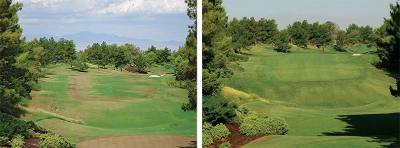 Before and after, hole No. 6. On the left, an example of the bermudagrass decline that plagued Shadow Creek for years. On the right, the same hole after Cloninger mapped, analyzed and properly diagnosed the root of the problem.