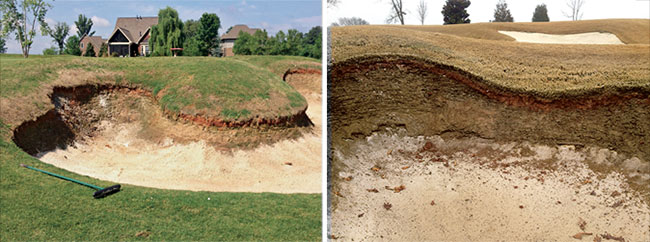 Prior to the installation of stacked artificial turf on Tennessee National’s bunker walls, Superintendent Andrew McClintock would have to rebuild the natural sod bunker walls every six to 10 years. When a new owner purchased the course, he suggested that they should fill in all 64 of the bunkers because “he didn’t want to spend money on something that wouldn’t last,” according to McClintock.