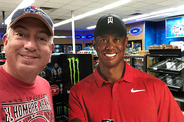 The last photo Seth took from Augusta 2019: himself and (paper) Tiger Woods, perhaps one to add to his collection of photos with past Masters champs. Photo: Seth Jones