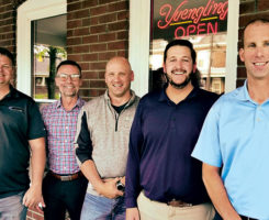 PBI-Gordon’s turf brothers. From left: Brian Aynardi, Ph.D.; Jim Goodrich; Jeff Marvin, Ph.D.; Eric Reasor, Ph.D.; and Jay Young. (Not pictured, Chris Williamson, Ph.D.) (Photo: PBI-Gordon)