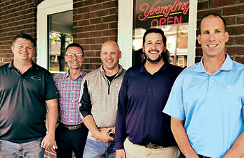 PBI-Gordon’s turf brothers. From left: Brian Aynardi, Ph.D.; Jim Goodrich; Jeff Marvin, Ph.D.; Eric Reasor, Ph.D.; and Jay Young. (Not pictured, Chris Williamson, Ph.D.) (Photo: PBI-Gordon)