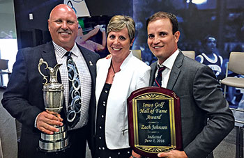 Rick Tegtmeier (left) with wife, Sherry Tegtmeier, and good friend Zach Johnson at Johnson’s Iowa Golf Hall of Fame induction in 2015. (Photo Courtesy of: Rick Tegtmeier)