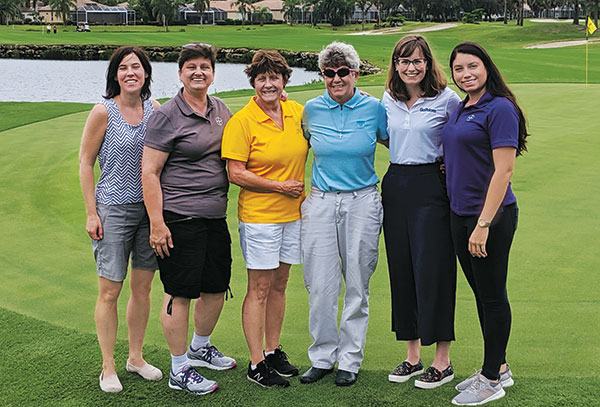 Norma Gillis, Pat Morrow and Sheryl Wells of Bayer; Laurie Frutchey, superintendent, Lexington CC; Clara Richter, Golfdom; and Michelle Osuna, Bayer. (Photo: Clara Richter)