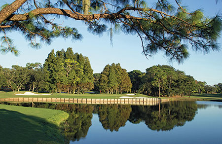 Copperhead’s par-3 13th hole, dubbed “Forced Carry,” plays at 199 yards during the PGA Tour’s Valspar Championship. (Photo courtesy of Innisbrook Resort)