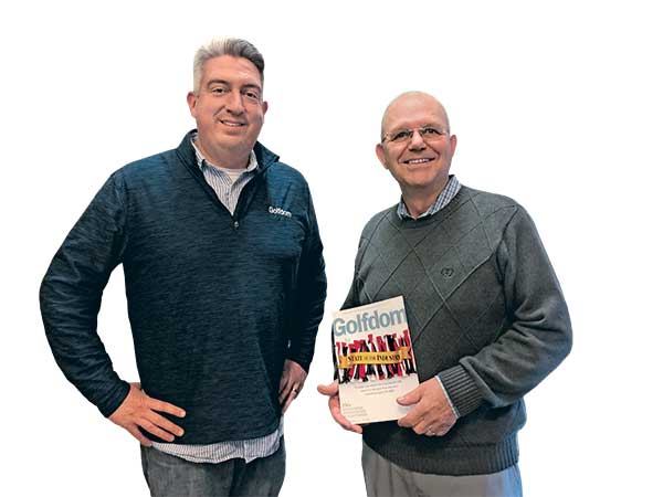 Golfdom Editor-in-Chief Seth Jones (left) and Mike Kenna, Ph.D, with the December 2019 issue of Golfdom. (Photo provided by Golfdom Staff)