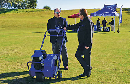 BlueBird Turf Products showed off existing equipment at the Summit and talked to attendees about its new battery-powered equipment line. (Photo: Clara McHugh)