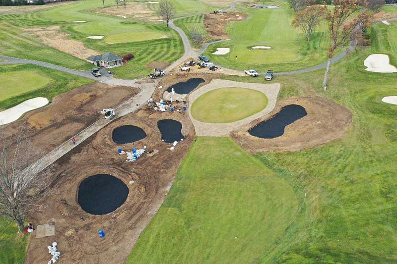 Drainage work on Cherry Valley's No. 11 and No. 16 holes are complete and the installation of Blinder Bunker material is almost complete. (Photo: Chris Caporicci)