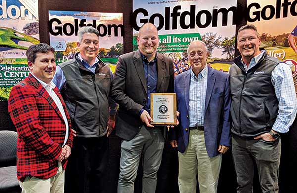 Bryce Swanson, Rees Jones Inc.; Golfdom Editor-in-Chief Seth Jones; Alan FitzGerald; Rees Jones; and Golfdom Publisher Craig MacGregor. (Photo: Golfdom Staff)