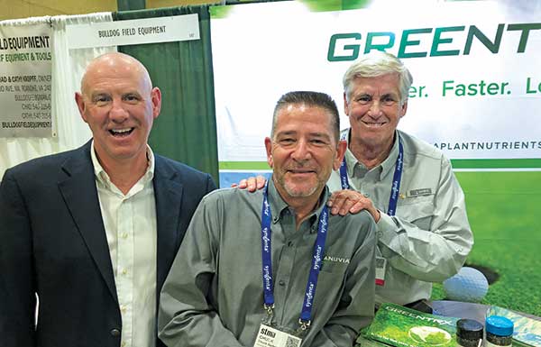 Jon Zimmers, Inverness Club, Toledo, Ohio, (left) and Matt Shaffer, longtime Merion superintendent, now retired (right), with Chuck Barber of Anuvia Plant Nutrients (Photo: Golfdom Staff)