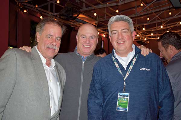 Bill Larson, CGCS, Town & Country Club, St. Paul, Minn., (left), and Chris Dalhamer, Pebble Beach (center), with Jones. (Photo: Golfdom Staff)