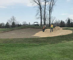 Chase Walden, superintendent of of Old Oakland Golf Club in Indianapolis, Ind., says if you opt for an outside contractor to work on your bunkers, expect to work long hours as the crew wants to complete the job as quick as they can. (Photo: Chase Walden)