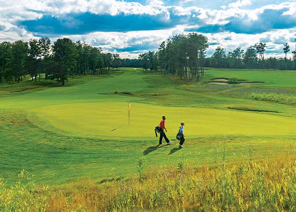 flagsticks with pennant flags, along with wooden rakes and nontraditional tee markers and tee signs. (Photo: Treetops Resort)