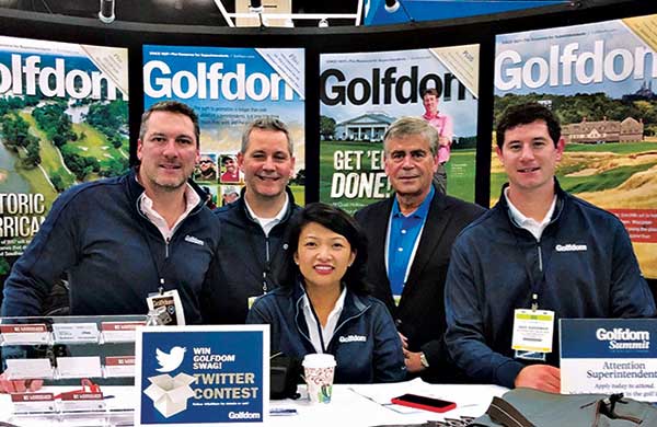 (L to R) Craig MacGregor, Bill Roddy, Abby Hart, Karl Danneberger, Ph.D., and Jake Goodman at the 2018 Golf Industry Show. (Photo: Golfdom Staff)