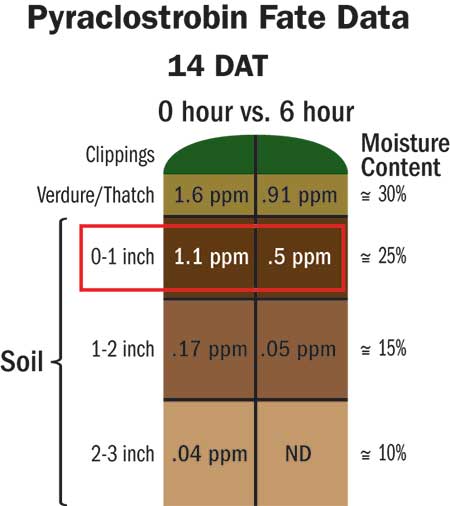 Pyraclostrobin residue data from a sample core collected 14 days after treatment. Percent of applied data converted to ppm at each depth. An in vitro evaluation of Gaeumannomyces graminis on pyraclostrobin-amended media demonstrated that 1 ppm completely inhibits fungal growth.