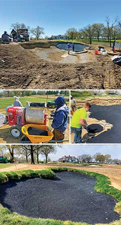 The crew at Kenwood CC preparing to install Sand Guard (top), getting trained on mixing and spreading the product (middle), and a bunker ready for sand installation (bottom). (Photos: Jason Straka)