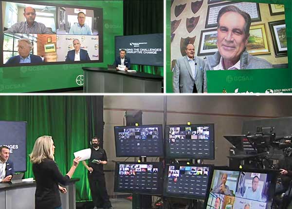 Scenes from the virtual Golf Industry Show: (clockwise from top left) GCSAA CEO Rhett Evans hosting a panel with some of golf’s most influential people; GCSAA President John Fulling, CGCS, presenting Jim Nantz with the Old Tom Morris Award; and Golf Channel’s Lauren Thompson addressing the “live” audience. (Photos: Golfdom Staff)