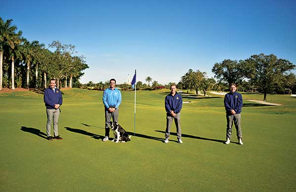 Left to right: PJ Salter, CGCS, director of agronomy, Drew Nottenkamper, golf course superintendent (pictured with Drew’s dog and resident fowl control Jett, a border collie from Fly Away Geese), Mike Heinz, second assistant superintendent, and Mike Smith, first assistant superintendent. (Photo courtesy of Riviera CC)