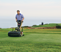 Jake Ogren, University of Tennessee student currently interning at Valhalla Golf Club, Louisville, Ky., mows a teebox. (Photo: Golfdom Staff)