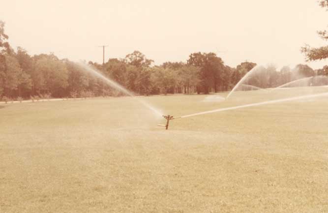 One good thing about these old impact sprinklers was that they could really throw some water! In my case, the system was one line down the middle of the fairway with snap valves spaced about every 80 feet. (Photo: Jim Moore)