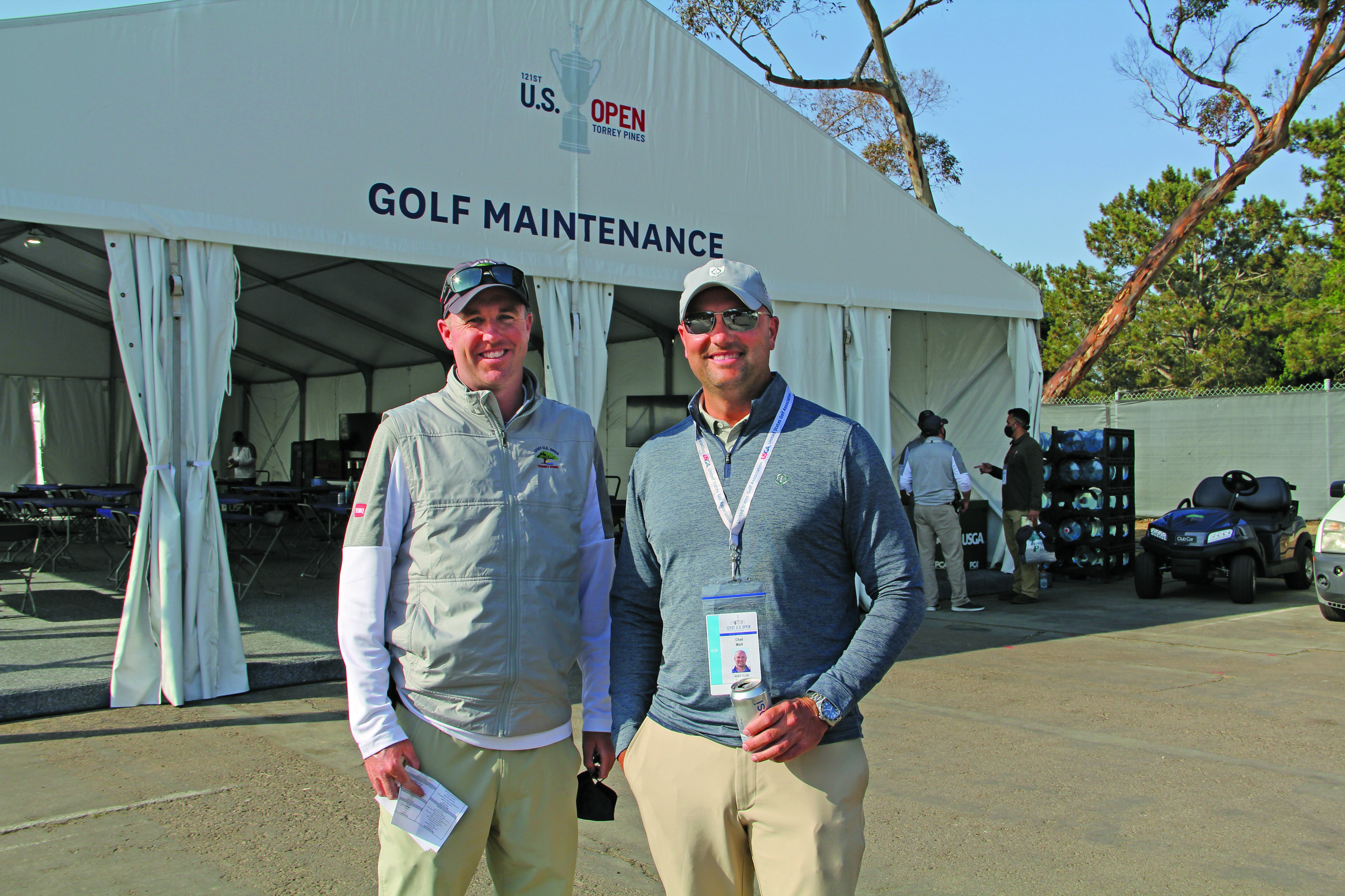 Go Buckeyes! Two Ohio State alums, 2021 U.S. Open host superintendent Rich McIntosh (left), Senior Superintendent, Torrey Pines Golf Courses, San Diego, with his friend Chad Mark, director of grounds, Muirfield Village, Dublin, Ohio. (Photo: Golfdom Staff)