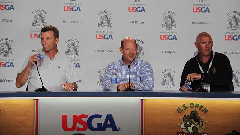 Gil Hanse (left), Mike Davis (center) and John Zimmer, then-Oakmont superintendent (right) at the 2016 U.S. Open. (Photo: Golfdom Staff)