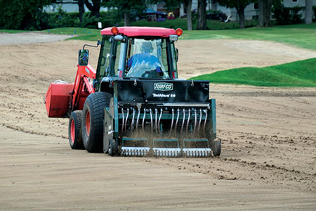 Both Johnson and Keller used Turfco’s TriWave 60 tractor-mounted overseeders to regrass their courses’ fairways. (Photo: Turfco)