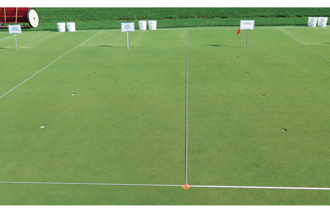 The medium-coarse sand topdressed plot on the left has significantly better turf density and lower surface moisture than the core-aerated, nontopdressed plot on the right, which has a darker green color due to surface algae. (Photo courtesy of Brian Whitlark)