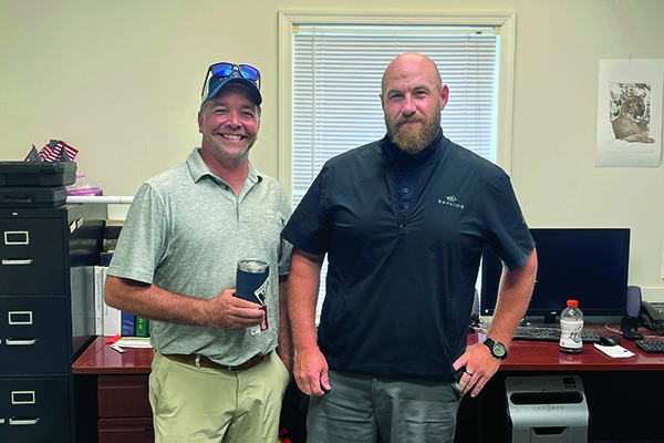 Golfdom’s Dan Hannan dropped in on the crew at Bayside Resort Golf Club, Selbyville, Del. Superintendent Eric Hindes (left) is about to begin a new job in the Dominican Republic but ready to take the helm at Bayside is Ken Crider (right). (Photo: Golfdom Staff)