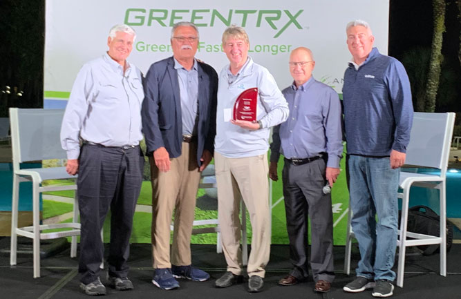 (Left to right) Matt Shaffer, Bob Farren, CGCS, Shawn Emerson, Anuvia Chief Commercial Office Hugh MacGillivray and Seth Jones. (Photo: Golfdom Staff)