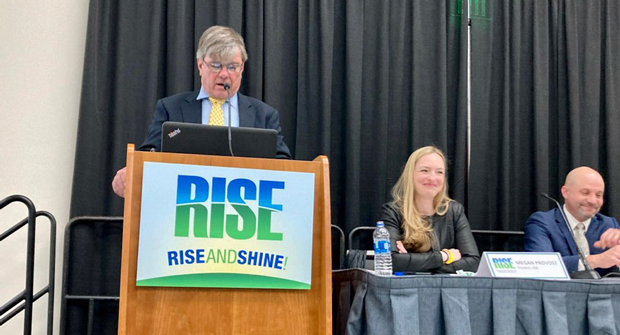 Golf Course Superintendent Robert Nielsen Jr.(at the podium) presents his industry advocacy experiences alongside RISE President Megan Provost and Nufarm’s Blaine Pinkerton who serves as RISE Governing Board Treasurer. (Photo courtesy of RISE)