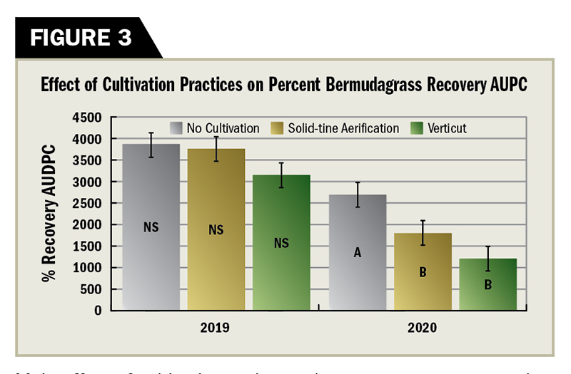 Main effect of cultivation on bermudagrass recovery area under the progress curve (AUPC). Means are compared within years and colored bars represent different cultivation practices. Bars within the same year with distinct letters are significantly different (P = 0.05). *NS represents not significant. (Graphic: Golfdom Staff)