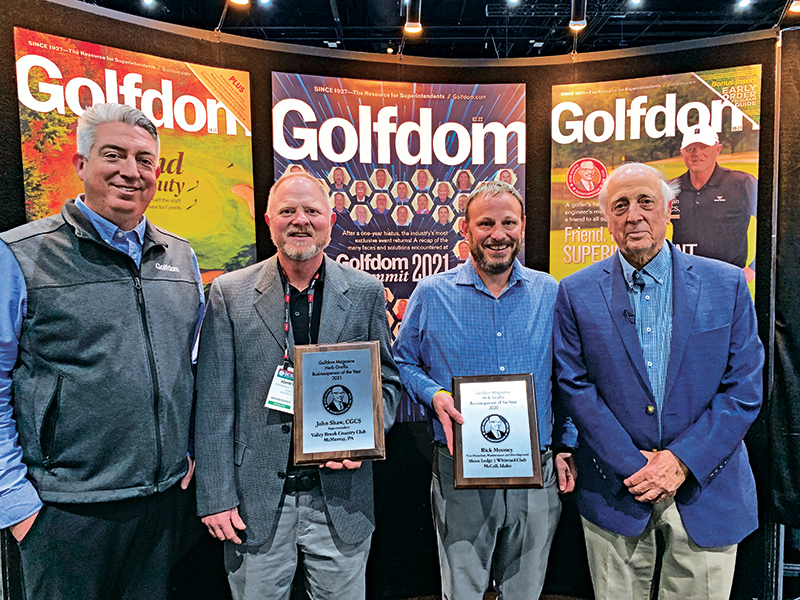 Rees Jones, ASGCA (far right) presented the 2021 and 2020 Herb Graffis Businessperson of the Year awards to John Shaw and Rick Mooney (second and third from left.) (Photo: Golfdom Staff)