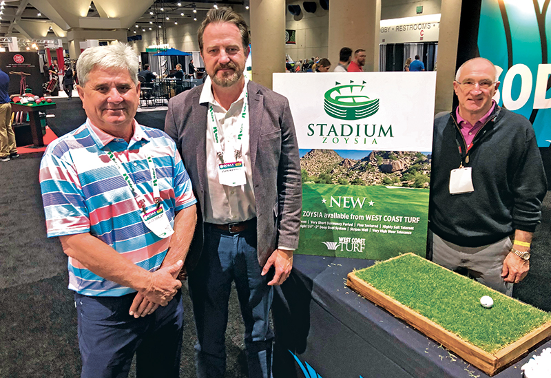 (Left to right) David Doguet, John Marman and Ken Mangum, CGCS, show off Stadium Zoysia, a grass Doguet says could eliminate the need to overseed. (Photo: Golfdom Staff)