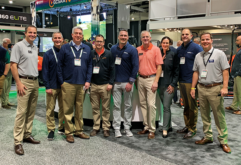 “Even if only 10 people showed up at this conference, we wanted to come to San Diego and be well represented,” said Simon Rainger, vice president of turf for Jacobsen. Pictured are (left to right) Matt Zaremba, director of strategy for E-Z-GO and Cushman at Textron Specialized Vehicles; Bill Roddy, group publisher, Golfdom; Seth Jones, editorin- chief, Golfdom; Rainger; Craig MacGregor, publisher, Golfdom; Gunnar Kleveland, president and CEO, Textron Specialized Vehicles, Inc.; Danielle Comstock, sustainability manager; Kevin Stoltman, president and CEO of North Coast Media; and John Collins, vice president and general manager, E-Z-GO. (Photo: Golfdom Staff)