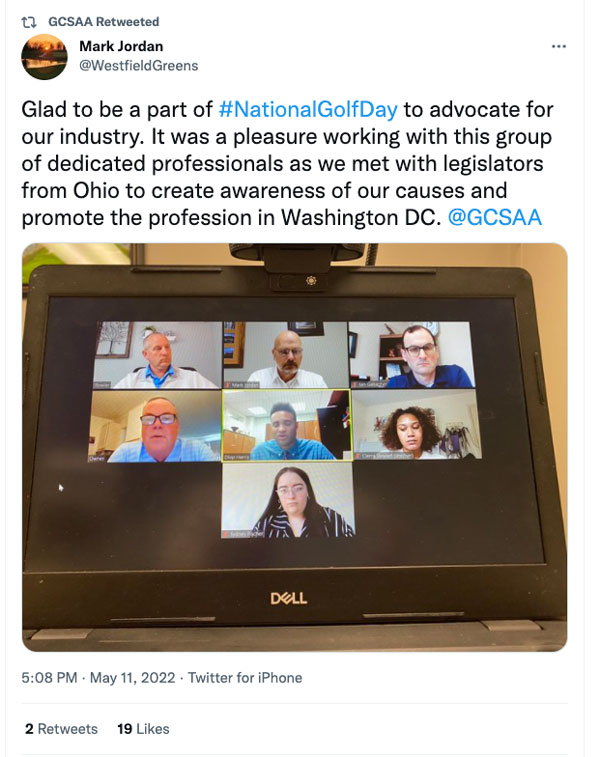 Mark Jordan, former president of the GCSAA, shares a picture of his group during the National Golf Day meetings. (Screenshot: Mark Jordan on Twitter).