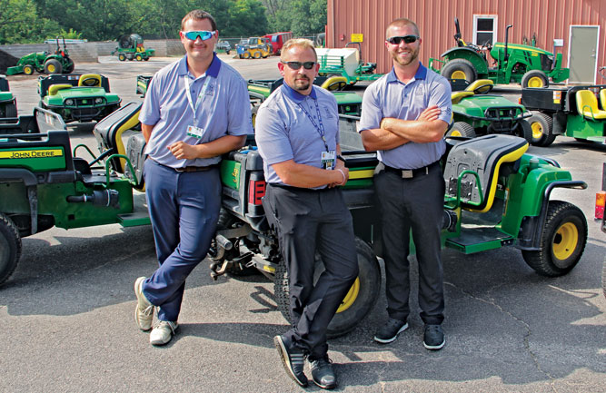 From left to right, Jarrett Chapman, assistant superintendent, Alex Stuedemann, CGCS, and Andy Cooper, assistant superintendent at the 2019 John Deere Classic. (Photo: Golfdom Staff)