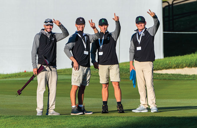 Tournament prep at TPC Deere Run is a team effort with (from left) Ryan Kurtz, Austin Muller, Cameron Winters and Nate Steinbeck. (Photo: Alex Stuedemann)