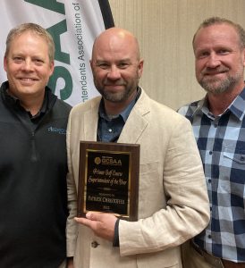 From left to right: Simplot Regional Sales Pat Shear; Red Ledges Director of Agronomy Pat Christoffer; Turf Equipment and Supply Owner Tyler Sorenson. (Photo: Troon)