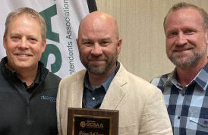 From left to right: Simplot Regional Sales Pat Shear; Red Ledges Director of Agronomy Pat Christoffer; Turf Equipment and Supply Owner Tyler Sorenson. (Photo: Troon)