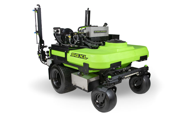 The SGXL sprayer also features a 12-mph transport speed and 27-gpm centrifugal pump. (Photo: Steel Green Manufacturing)