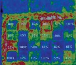 Color-enhanced thermal image of plots on June 15 (A) and Aug. 31 (B). Percentages denote fractions of reference evapotranspiration replacement. (Photo: USGA)