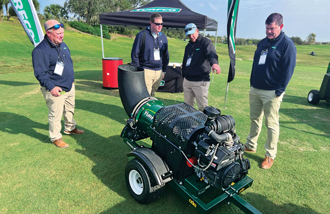 Turfco’s Widespin 1550 Broadcast Topdresser helps superintendents save time with eight different customizable application modes, according to the company. (Photo: Golfdom Staff)